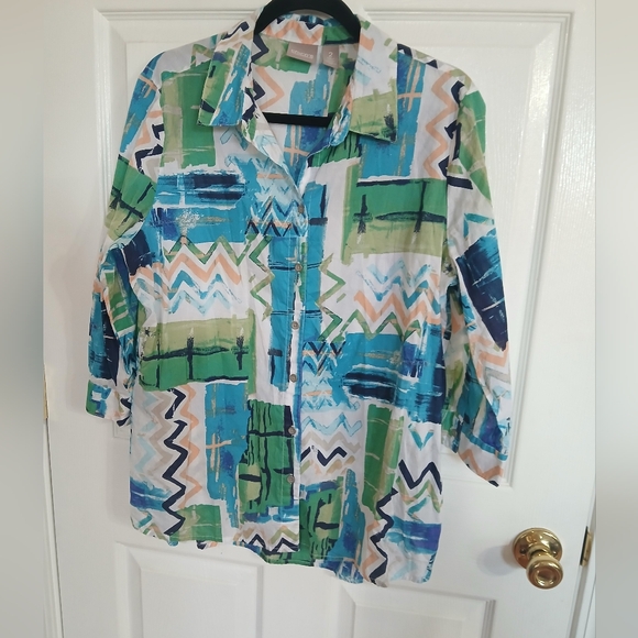 Chico's Multicolor Abstract Button Front Blouse Artsy Teacher Casual Vintage - Picture 2 of 5